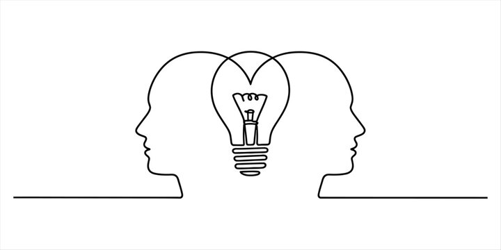 Continuous line drawing of two heads sharing an idea represented by a heart-shaped light bulb Vector, illustration