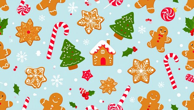 Festive Christmas Pattern with Gingerbread Cookies, Candy Canes, and Holiday Decorations.