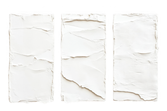 Three textured white rectangular plaster pieces are aligned closely on transparent background - Powered by Adobe