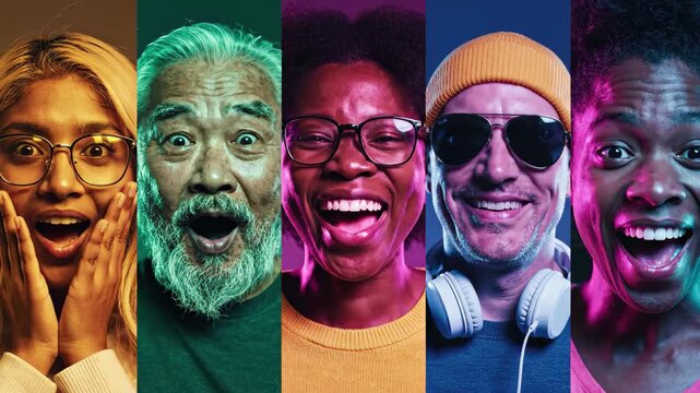 Diverse group of people showing strong emotions like surprise, joy, and excitement under neon lighting