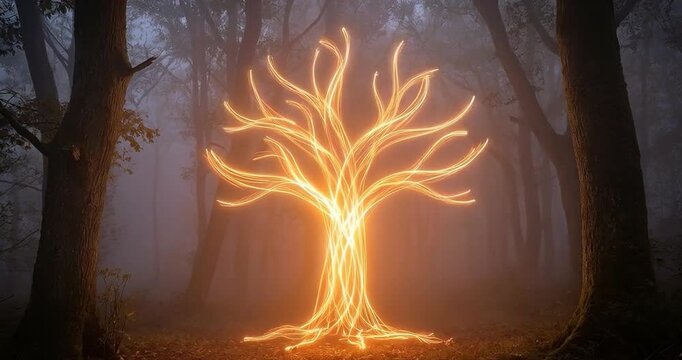 Glowing tree silhouette in misty forest ambient light