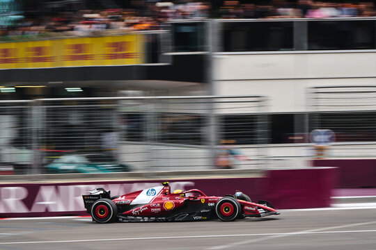 BAKU, AZERBAIJAN - SEPTEMBER 21, 2025: Lewis Hamilton maneuvers his Scuderia Ferrari HP car through the Baku City Circuit during the Formula 1 Azerbaijan Grand Prix