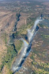 Aerial shot of the Victoria Falls on the Zimbawe Zambia Border.