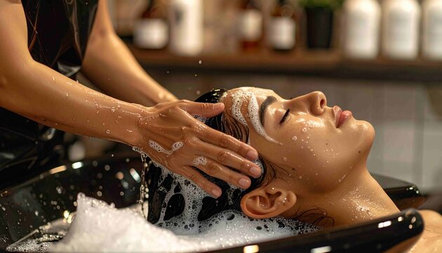 Her hair is washed in a professional hair salon. The hairdresser massages her client's scalp at the shampoo sink with abundant foam. The concept of hair care, beauty, and relaxation at the spa ora