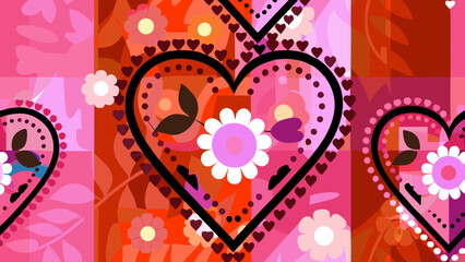 Flat illustration of a floral heart ornament with leaves and flowers in pink and red hues for valentine's day or love themed designs and backgrounds