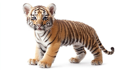 Obraz premium Young Tiger Cub Standing on White Background with Striped Fur and Alert Posture