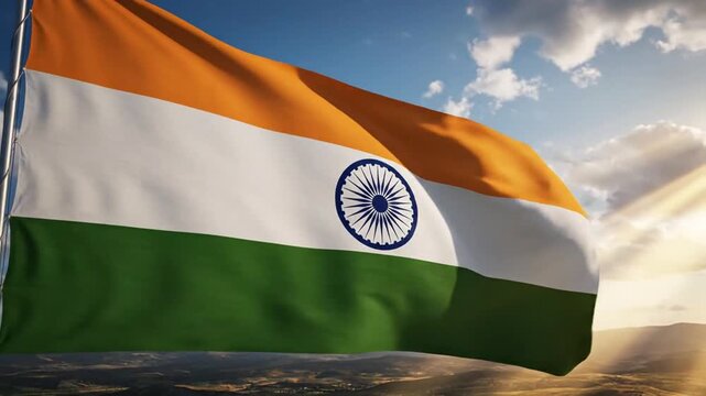 Vibrant Indian Flag Waves Against Blue Sky During Sunset Celebrating Patriotism