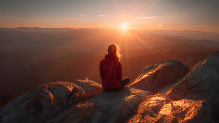 Woman sitting on a mountain peak, observing a sunrise or sunset over a vast, rugged landscape.  Person meditating on a mountaintop at sunrise or sunset silhouette.