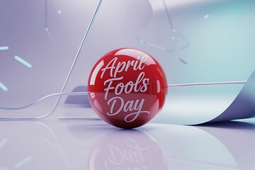 April fool’s day glossy red badge with modern typography on abstract background symbolizing humor, prank and playful celebration