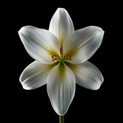 Fototapeta premium Elegant white lily flower macro shot isolated on solid black background with detailed petal texture and green stem bottom view blooming botanical art