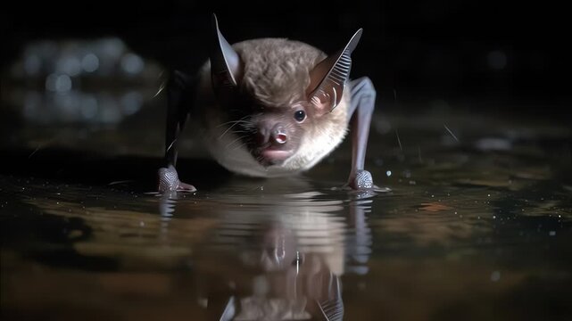 Bat drinks water reflection in cave, wildlife nature