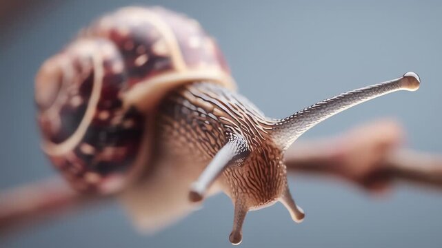 Snail Crawling on Branch, Macro View