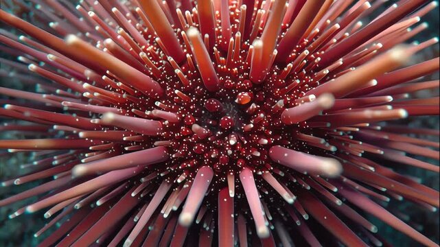 Close-up of a red sea urchin with spines