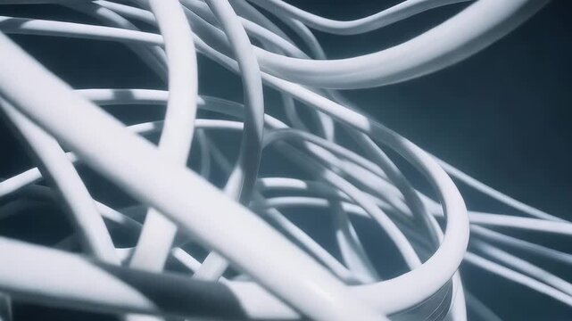 Abstract image of intertwined white cables on a dark background.