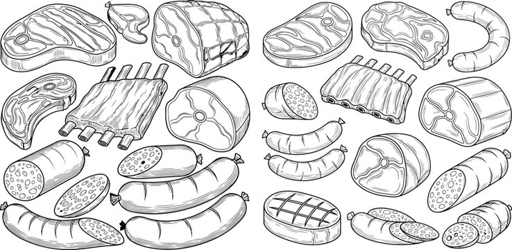 Outlined meat collection featuring steak, ribs, ham, and assorted sausages, on a white background