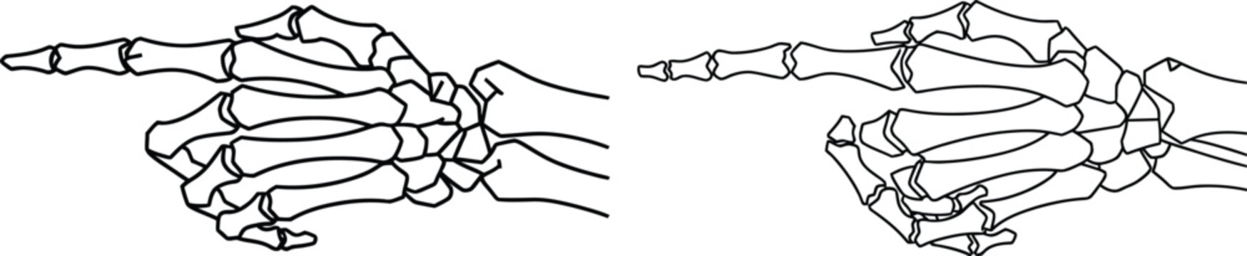 Outlined skeleton hands pointing left, line art illustration for Halloween designs and spooky themes
