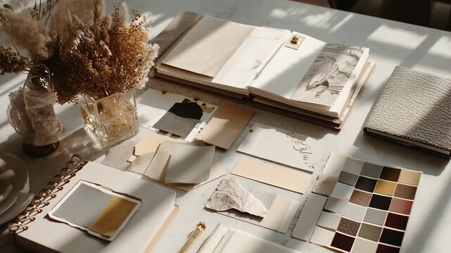 A table covered in various items, including books, a vase, and a cup. Modern wedding planning concept, minimal desk setup, mood board elements, idea natural light 