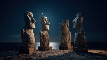 Majestic Moai Statues Under a Starry Night Sky by the Ocean
