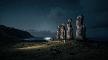Mystical Moai Statues Under Starry Night Sky on Easter Island