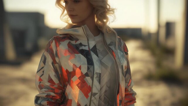 A close-up view of a sporty jacket featuring a modern design style. The detailed texture, clean lines, and technical fabric highlight functionality