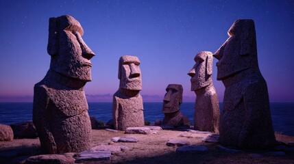 Majestic Moai Statues Under Starry Sky at Dusk on Easter Island