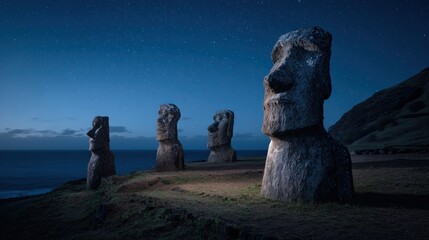 Majestic Moai Statues at Night, Enigmatic Easter Island Landscape Under Starry Sky