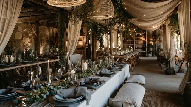 A large room with a long table and many chairs. The table is covered with white tablecloths and plates. Nature inspired sustainable wedding decor, linen fabrics, subtle greenery, airy lighting