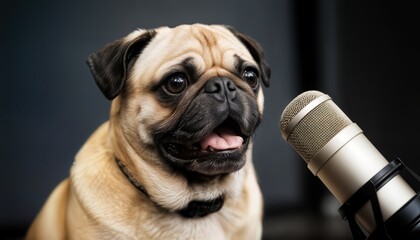 A pug sits in front of a microphone, showing curiosity and excitement while participating in a recording session. Lights highlight the scene.