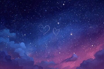 Romantic night sky background with constellation heart shapes deep blue and purple gradien. celestial Valentine's theme