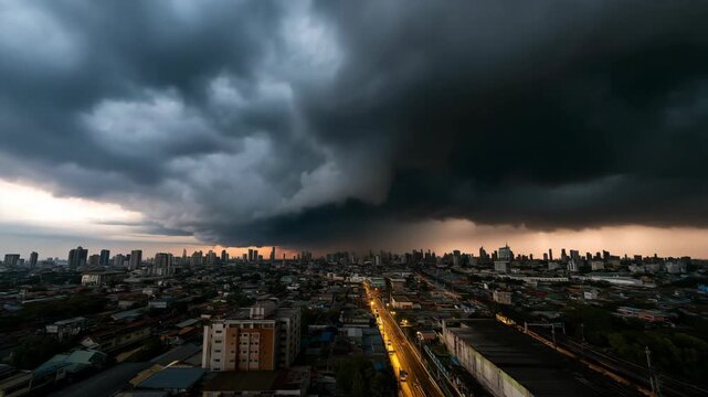 A dramatic scene of black storm clouds rolling over an urban city, casting deep shadows across buildings and streets.