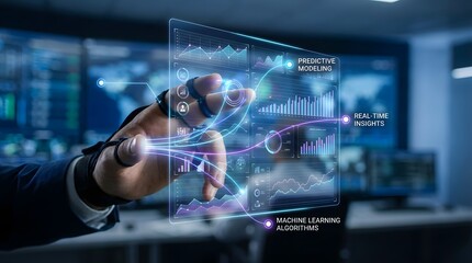 Futuristic human interaction with holographic interface displaying predictive analytics and machine learning algorithms for real-time data insights in a high-tech control room