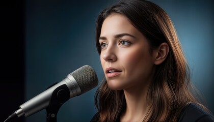 A woman sings passionately into a microphone while in a studio. Lights are dim, and her expression shows strong emotion as she shares her music. The atmosphere is intimate.