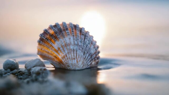 A close-up view of a delicate seashell resting on fine sand at the beach, as a gentle wave softly reaches the shore under warm sunset light
