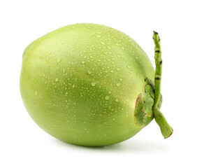 Young green coconut with water droplet isolated on white.