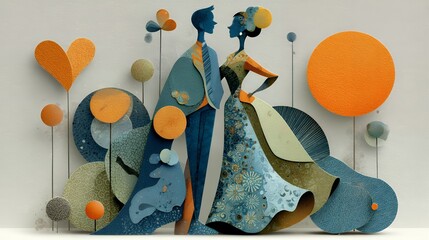 Stylized bride and groom silhouettes with floating hearts, abstract memphis geometric forms mixed with boho line art patterns, vibrant colors, joyful modern flat illustration