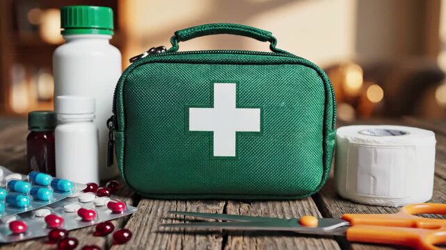 First aid kit contents on wooden surface with pills and medical supplies