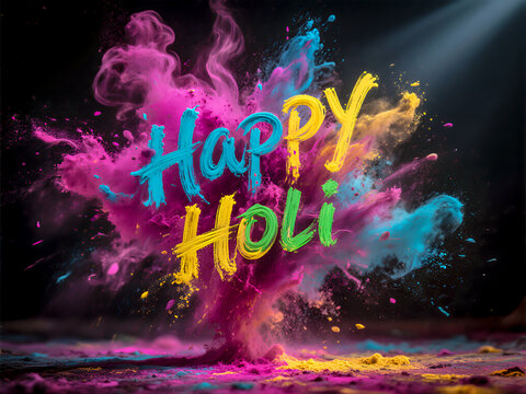 India's Holi festival, brightly colored powder exploding in the air. A traditional Indian street scene with an ancient stone temple in the background, and the festive text "Happy Holi" written 
