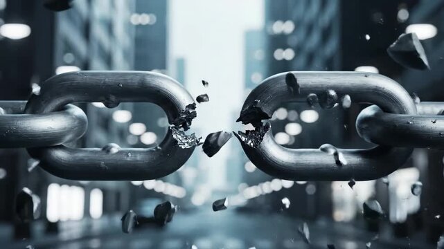 Exploding metal chain link breaking under extreme stress with sparks and debris