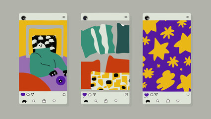 Fototapeta premium Flat vector illustration of a slow sloth lying on colorful backgrounds with patterns and textures for design and decoration with relaxation and cute