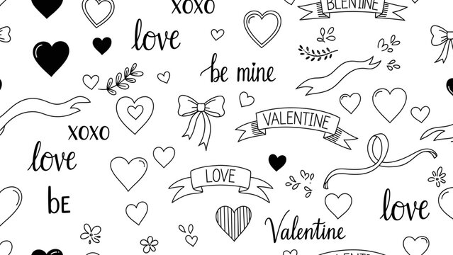 Seamless pattern of hand drawn hearts and love themed doodles for Valentines Day.