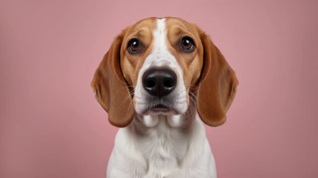 Beagle dog raising its paw towards the camera. Tricolor hound performing a trick against a solid pink background. Pet training and interaction concept