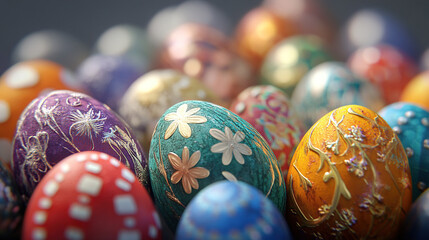 Fototapeta premium Colorful Easter eggs with floral patterns arranged in a close-up view showcasing vibrant colors and intricate designs