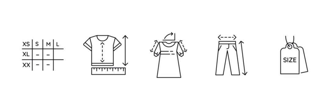 Clothing size, measurement chart, label, garment fit, apparel dimensions, shirt, dress, pants, tag, body guide, fashion icon set, vector illustration.