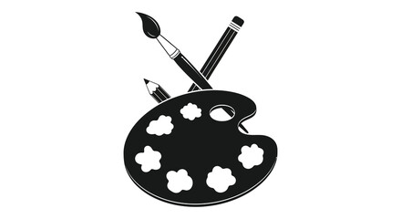 A striking black and white composition featuring art tools a palette brushes and pencil silhouette © MIRAJ02