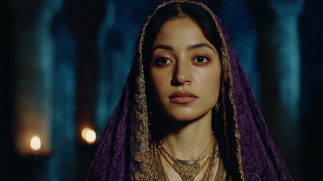 Pretty Indian woman wearing traditional attire made from rich purple and gold fabric. Elegant portrait highlighting cultural beauty