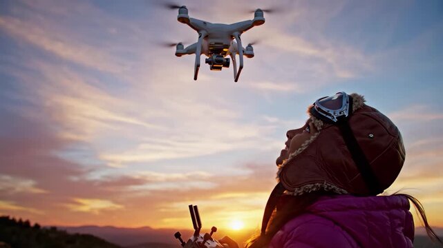Young girl in aviator hat flying a drone against a sunset sky