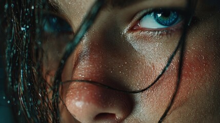 Intense Gaze Amidst Raindrops: An Artistic Close-Up of a Woman's Face