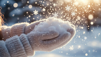 Hands in Knitted Gloves Holding Snow Winter Nature Background Cozy Cold Season