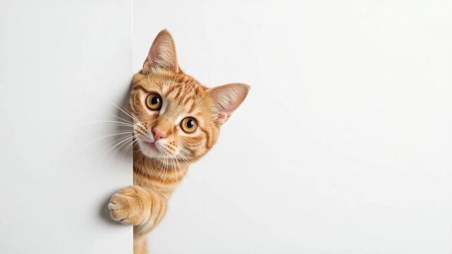 Curious orange tabby kitten peeking from behind a white wall. Close-up of a ginger cat looking at the camera. Minimalist background with copy space for text. Pet care and curiosity concept