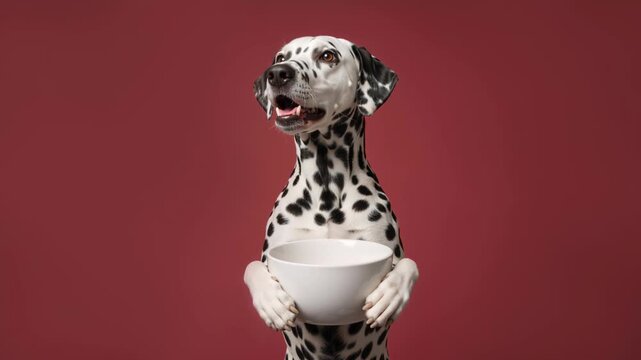 Dalmatian dog standing and holding an empty white bowl. Hungry pet looking up expectantly against a red background. Feeding time and animal nutrition concept